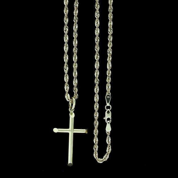 10K Real Gold Rope Chain and Cross Pendant Set - Picture 1 of 9